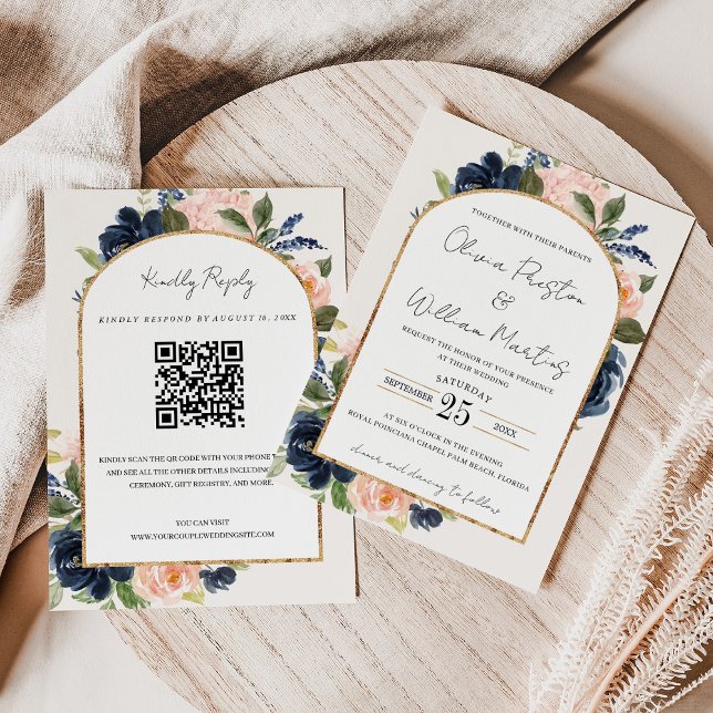 Blush Pink Navy Floral Arch QR Code RSVP Wedding Invitation (Creator Uploaded)