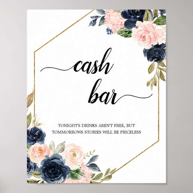 Blush Pink Navy Floral Geometric Cash Bar Sign (Front)