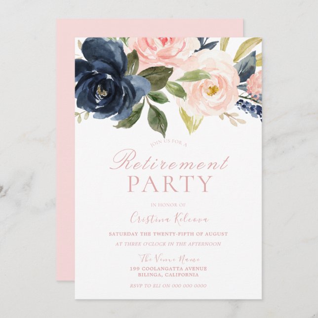 Blush Pink & Navy Floral Pretty Retirement Party Invitation (Front/Back)