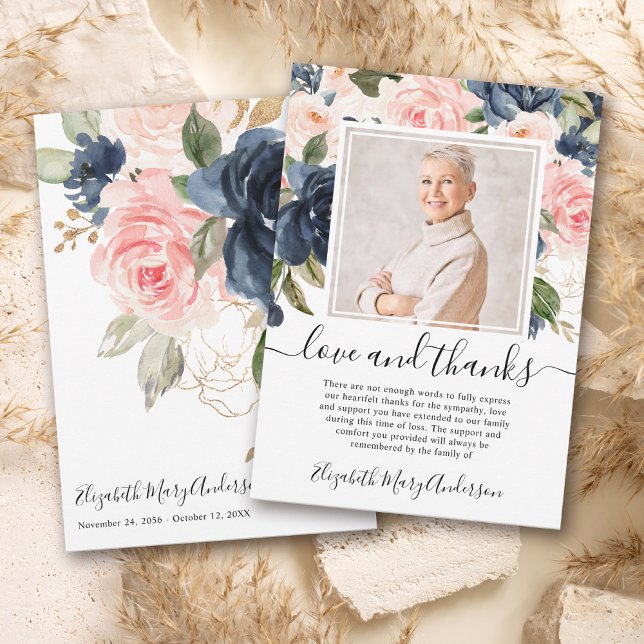 Blush Pink Navy Floral Thank You Bereavement Photo Card (Creator Uploaded)