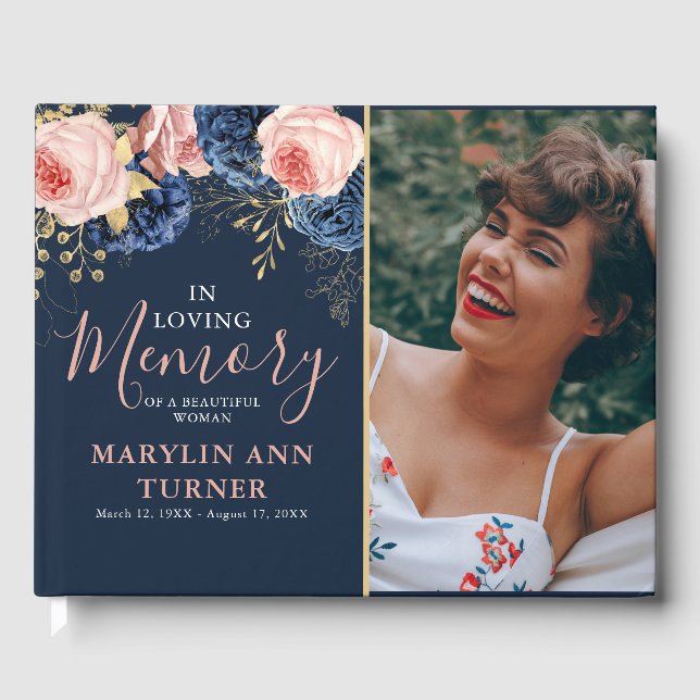 Blush Pink & Navy Florals Elegant Memorial Tribute Guest Book (Front)
