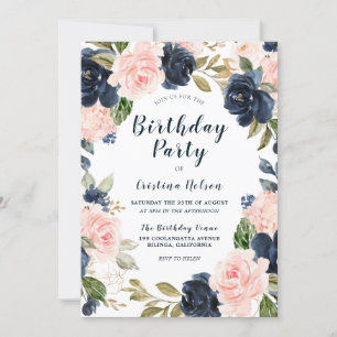 Blush Pink & Navy Flowers All Years Birthday Party Invitation