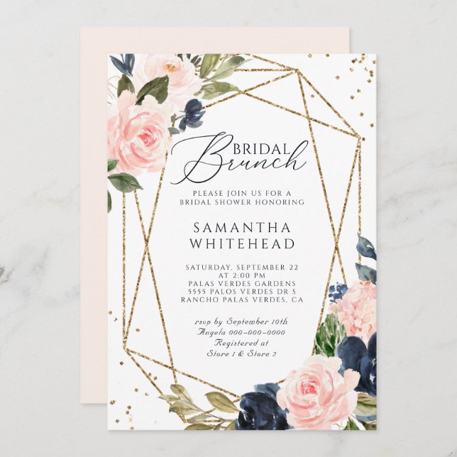 Blush Pink Navy Geometric Floral Bridal Shower Invitation (Front/Back)