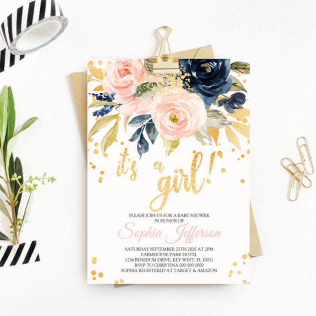 Blush Pink, Navy & Gold Baby Shower Invitation (Creator Uploaded)