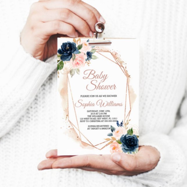 Blush Pink, Navy & Gold Baby Shower Invitation (Creator Uploaded)