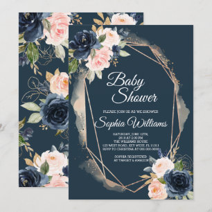 Blush Pink, Navy & Gold Baby Shower Invitation