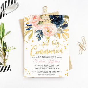 Blush Pink, Navy & Gold First Holy Communion Invitation