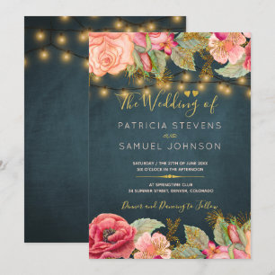 Blush pink navy gold romantic floral wedding invitation