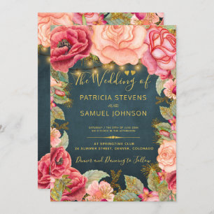 Blush pink navy gold romantic garden wedding invitation