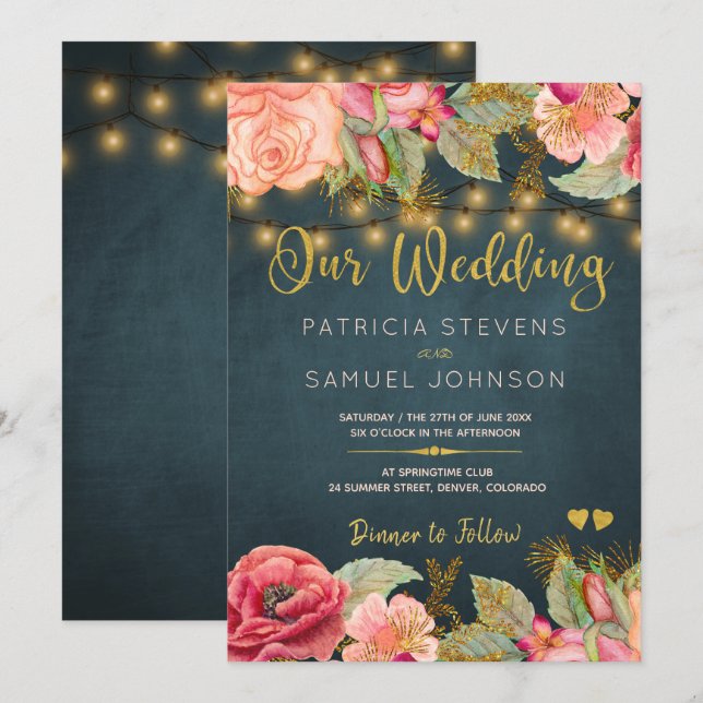 Blush pink navy gold roses typography wedding invitation (Front/Back)