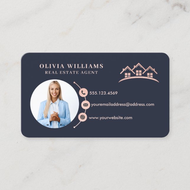 Blush Pink & Navy Professional Real Estate Photo   Business Card (Front)