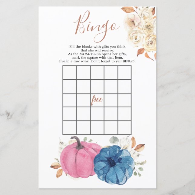 Blush Pink & Navy Pumpkin Gender Reveal Bingo Game (Front)