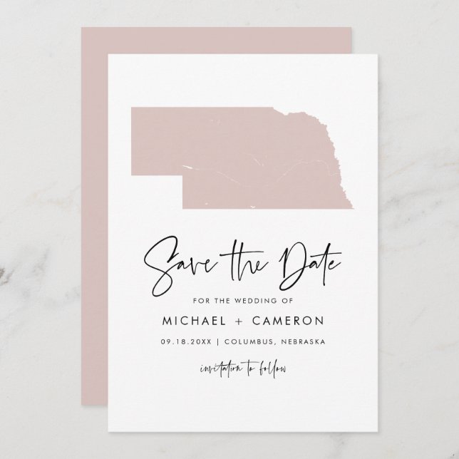 Blush Pink Nebraska Map Minimalist Script Wedding Save The Date (Front/Back)