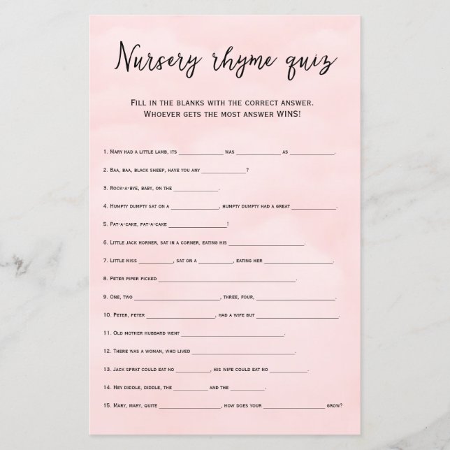 blush pink nursery rhymes quiz baby shower game (Front)