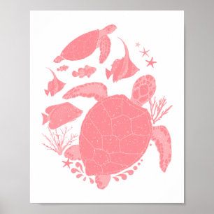 Blush Pink Ocean Scene Fishes and Turtles Poster