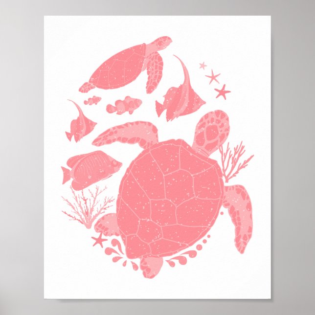 Blush Pink Ocean Scene Fishes and Turtles Poster (Front)