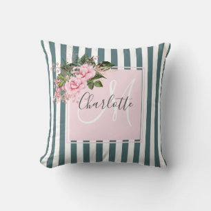 Blush pink ocean stripes floral monogram  cushion