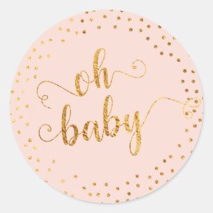 Blush Pink "Oh Baby" Faux Gold Foil Confetti Classic Round Sticker