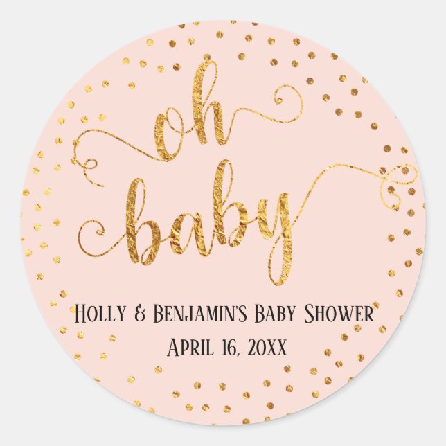 Blush Pink "Oh Baby" Faux Gold Foil Confetti Classic Round Sticker (Front)