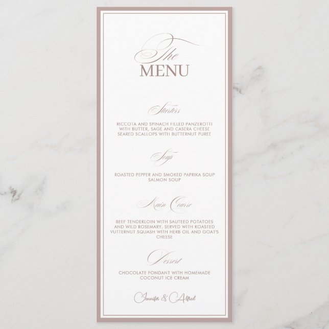 Blush Pink Old Money Wedding Dinner Menu Card (Front)