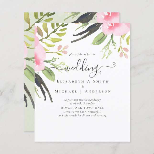 Blush Pink Olive Quality Budget Wedding Invitation (Front/Back)