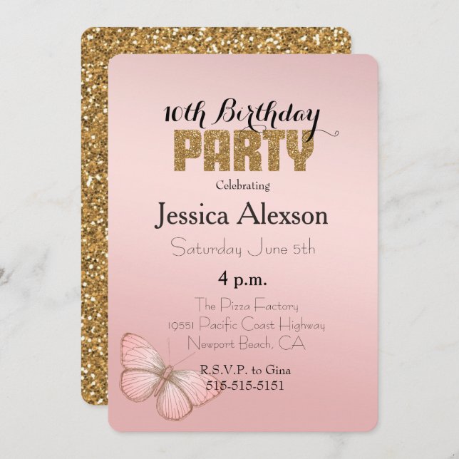 Blush Pink Ombre Butterfly Gold Glitter Invitation (Front/Back)