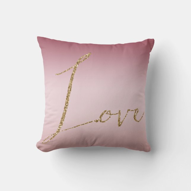 Blush Pink Ombre Glitter Gold Love Cushion (Front)