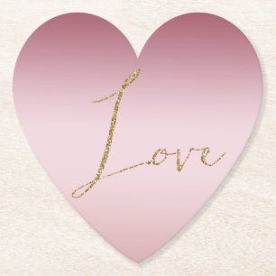 Blush Pink Ombre Glitter Gold Love Paper Coaster