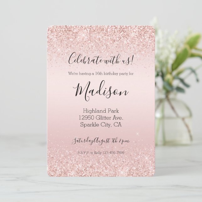 Blush Pink Ombre Glitzy Glitter Sparkle Invitation (Standing Front)