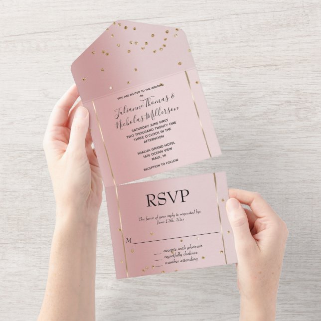 Blush Pink Ombre Gold Glam Confetti Wedding All In One Invitation (Tearaway)