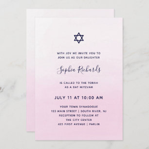 Blush Pink Ombre Watercolor   Bat Mitzvah Invitation