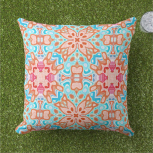 Blush Pink Orange Red Turquoise Blue Tribal Art Cushion
