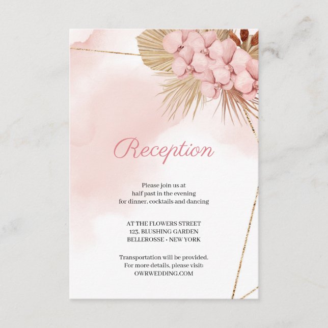 Blush Pink Orchid Dried Palm Leaves Reception  Enclosure Card (Front)