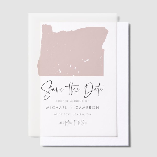 Blush Pink Oregon Map Minimalist Save the Date Vellum Invitations (Offset)