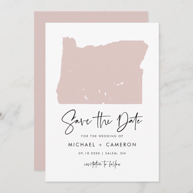 Blush Pink Oregon Map Minimalist Script Wedding Save The Date (Front/Back)