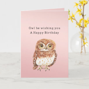 Blush Pink Owl I'll Be Wishing You Happy Birthday Card