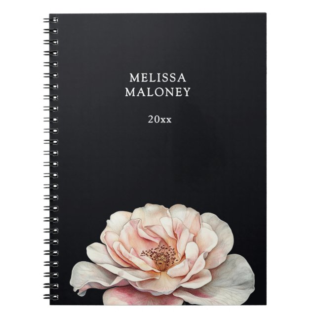 Blush Pink Painted Rose Black Notebook (Front)