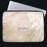 Blush pink palm tree leaves monogram laptop sleeve<br><div class="desc">An elegant,  modern tropical summer abstract pattern.  Rustic rose gold background,  and white palm tree leaves.  Decorated with faux gold brush strokes.  Add your name and monogram letter.</div>