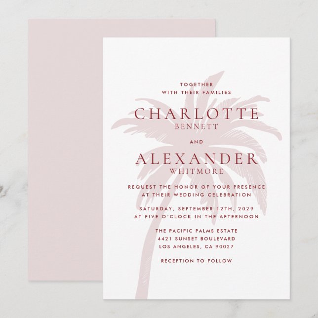 Blush Pink Palm Tree with Red Typography  Wedding  Invitation (Front/Back)