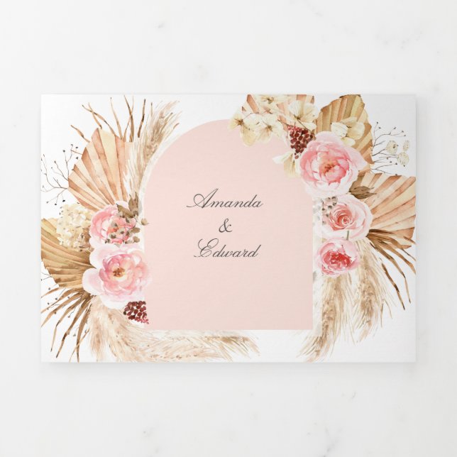 Blush Pink Pampas Grass Modern Boho 3 in 1 Tri-Fol Tri-Fold Invitation (Cover)