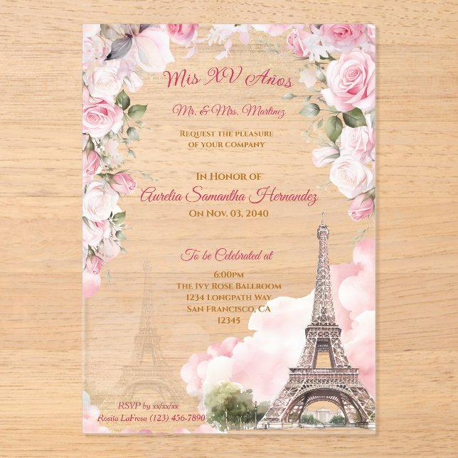 Blush Pink Paris Quinceañera Acrylic Invitations (Front)