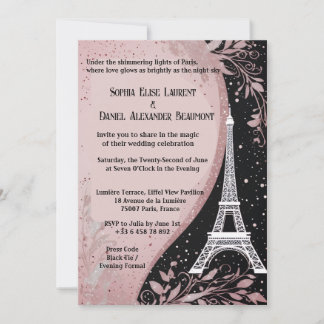 Blush Pink Parisian Night Silver Romantic Wedding Invitation