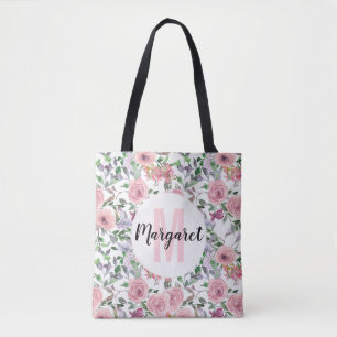 Blush Pink Pastel Floral Rose Watercolor Monogram Tote Bag
