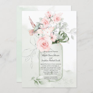 Blush Pink Pastel Green Roses Mason Jar Wedding Invitation