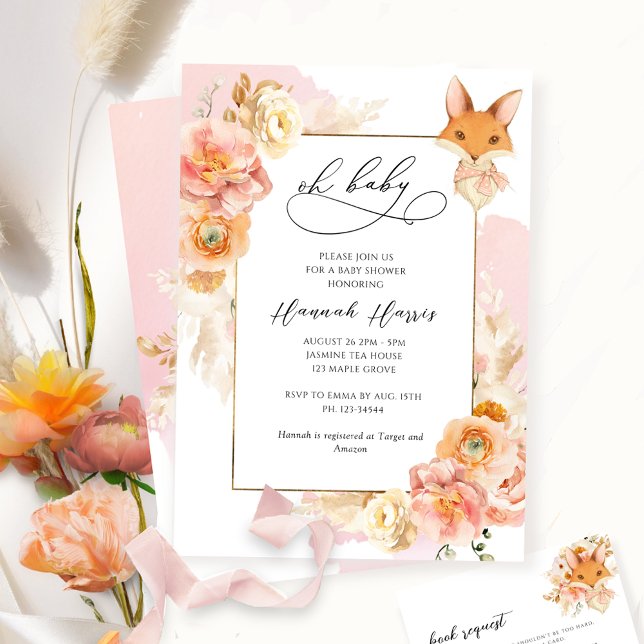 Blush Pink, Peach Floral and Fox Girl Baby Shower Invitation (Creator Uploaded)