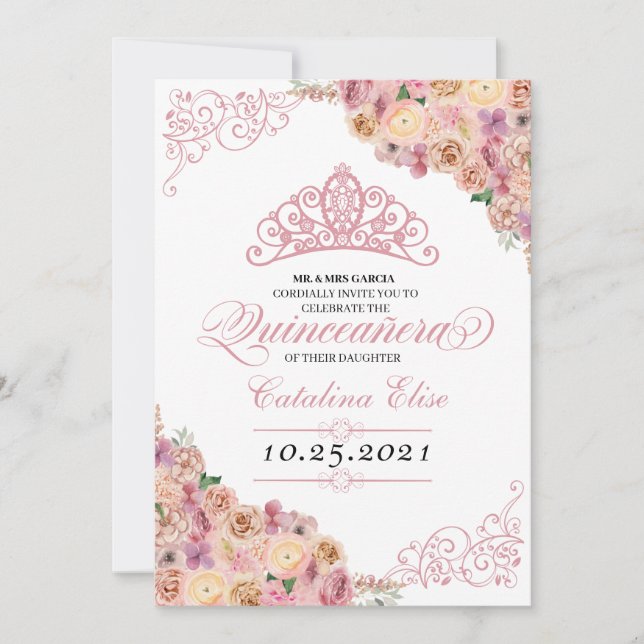 Blush Pink Peach Floral Quinceanera Birthday Invitation (Front)