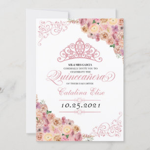 Blush Pink Peach Floral Quinceanera Birthday Invitation