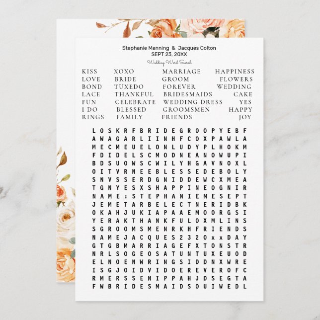 Blush Pink  Peach Floral Save the Date Word Search Invitation (Front/Back)