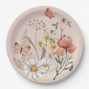 Blush Pink Peach Floral Wildflower Round Paper Plate