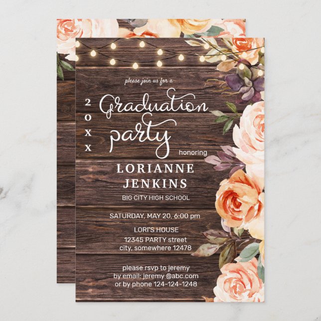Blush Pink & Peach Floral Wood Graduation w Photo Invitation (Front/Back)